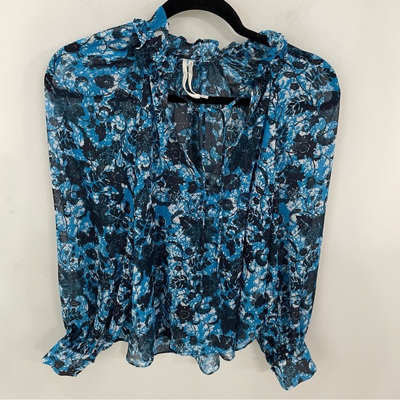 by Anthropologie Sheer Blue Floral Printed Peasant Blouse Size Small Flowy 18 - Picture 3 of 10